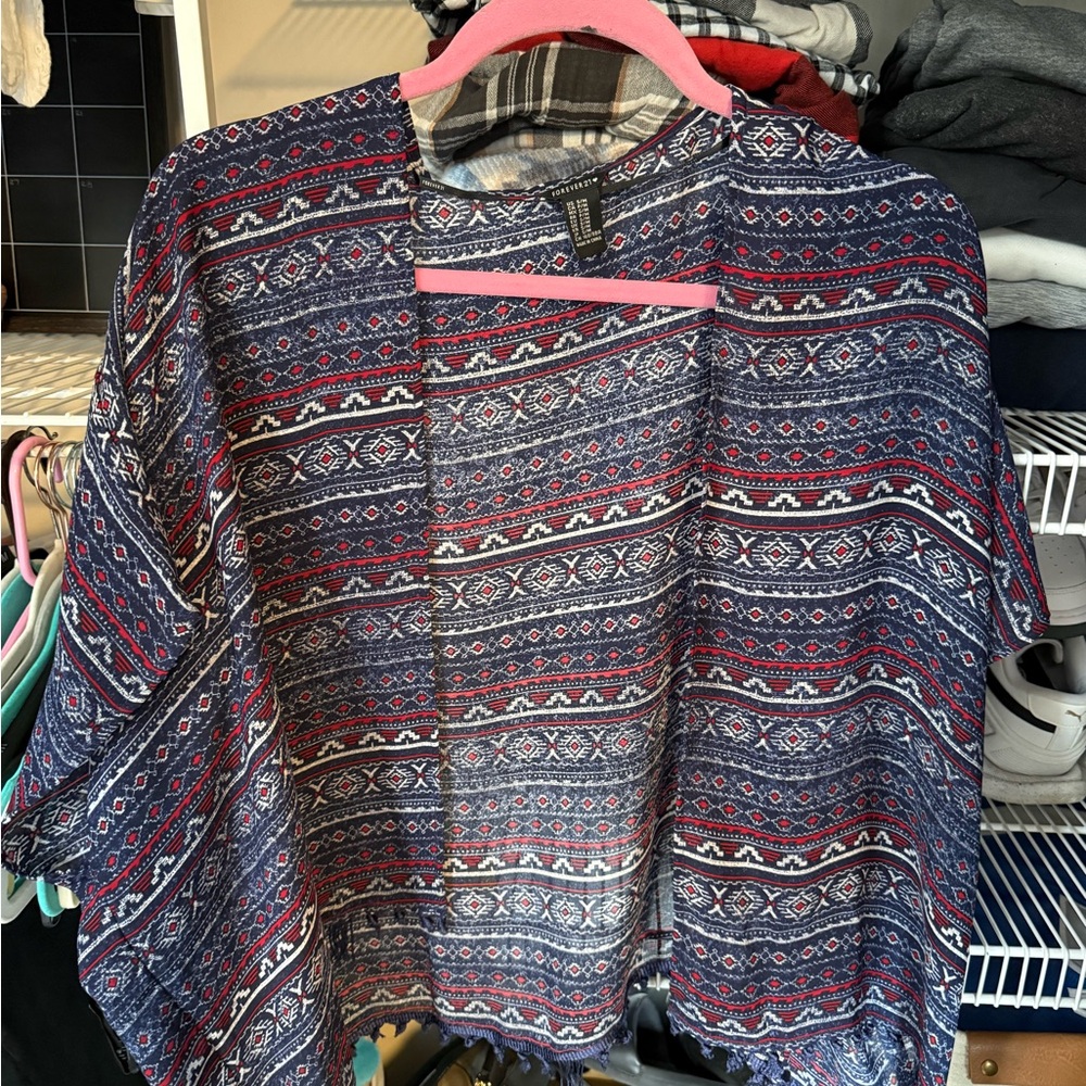 Forever 21 Navy and Red Patterned Cardigan